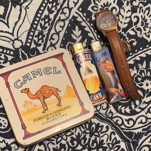 Camel Vintage Tin & Lighter Set with Brown Leather Strap Watch